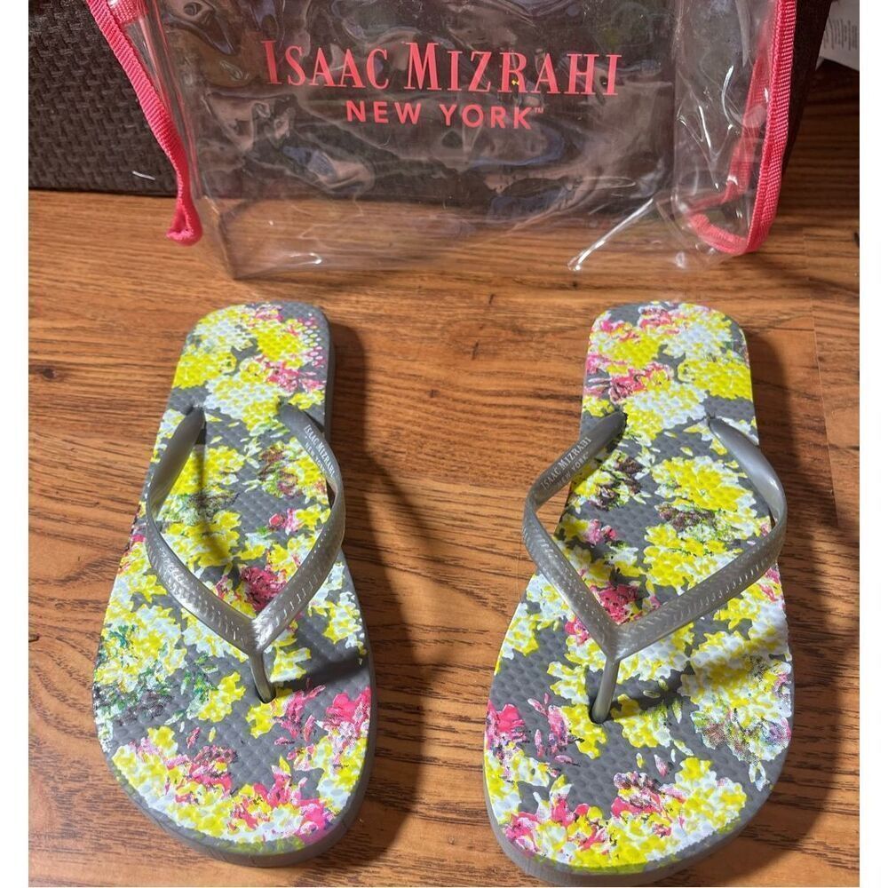 Isaac Mizrahi New York Plastic Gray Yellow floral Foot Bed In Clear Pouch Filp F